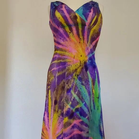 Hand Crafted Dresses | Silk Short Dress African Batik Purple Yellow Gold Pink Blue Palms Tropical Beach | Color: Blue/Purple | Size: 6 | Maggiek01'S